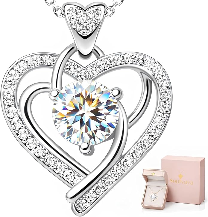 Valentines Day Moissanite Pendant Necklace for Women – 925 Sterling Silver Necklace for Women Heart Pendant, Dainty Silver Jewelry Gift Box for Mom Wife Girlfriend – Birthday Anniversary