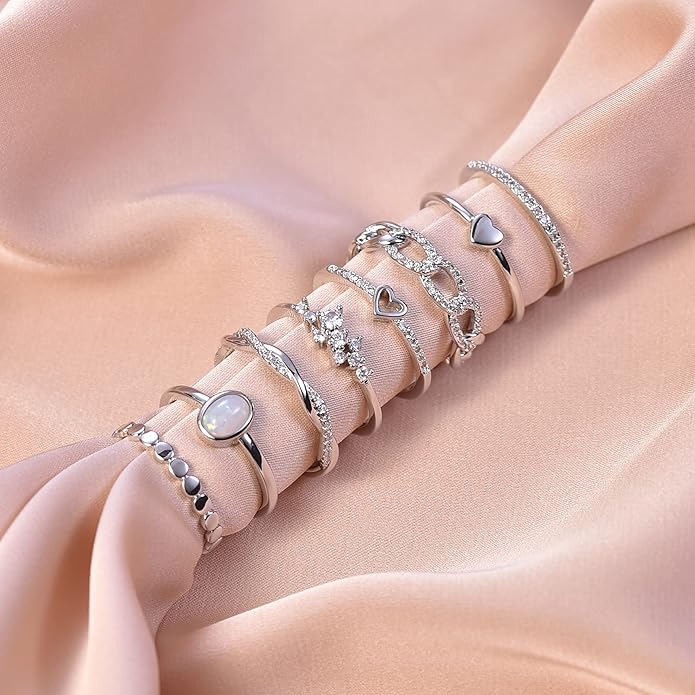 PLOMFOV 14K Gold/Silver Plated Stacking Rings Set for Women Non Tarnish CZ Heart Simple Cute Stackable Rings Dainty Trendy Gold Statement Rings Plain Band Size 4-12
