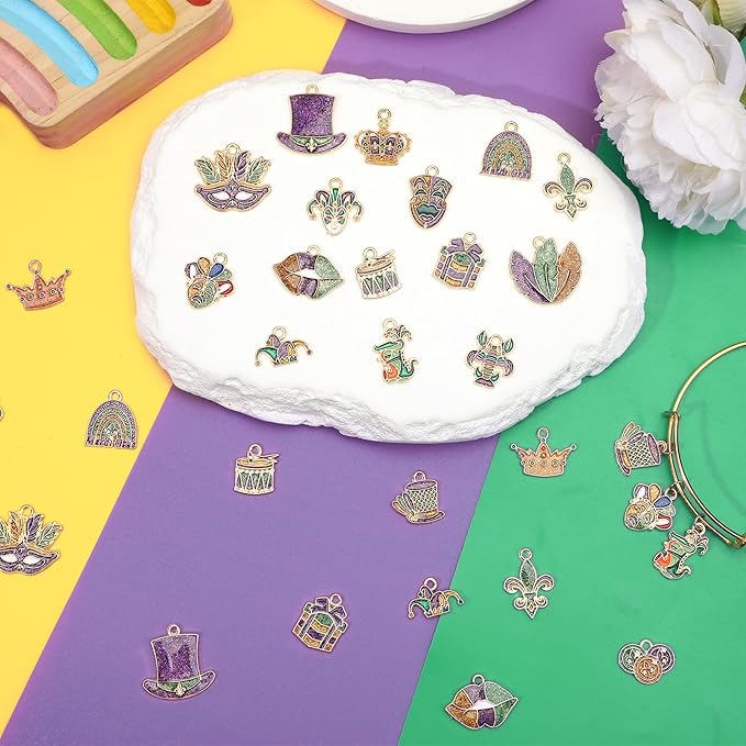 MARFOREVER 40 Pcs/20 Pairs Mardi Gras Charms for Jewelry Making, Glitter Mardi Gras Charm Carnival Mask Jester Fleur-de-lis Charms Pendants for Bracelets Necklace Earrings DIY Crafts Accessories Gifts