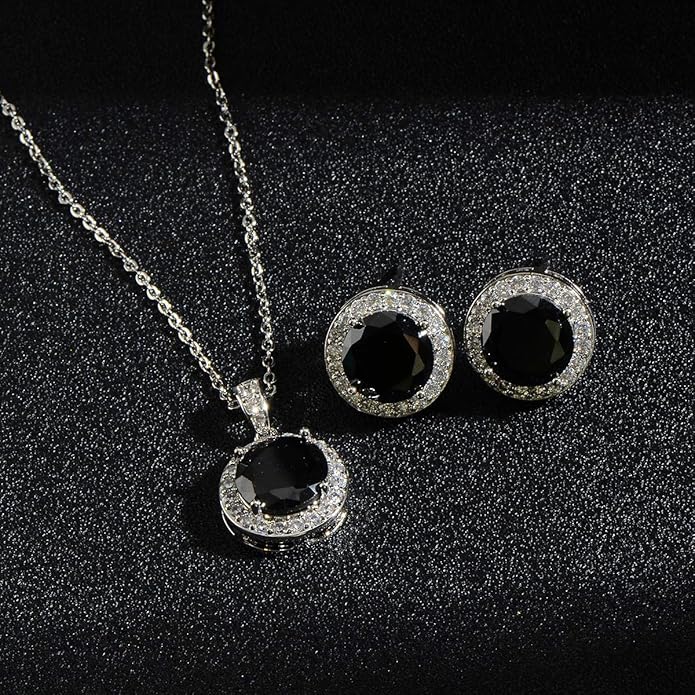 Bridal Crystal Jewelry Set - Sterling Silver Round Cubic Zirconia CZ Rhinestone Halo Birthstone Pendant Necklace Stud Earrings Set for Wedding Bride Bridesmaids Birthday Gift