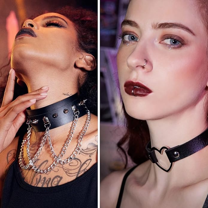HAIAISO 6-9pcs Leather Punk Goth Choker Necklace with Love Heart Spikes, Adjustable Pu Collar for Women
