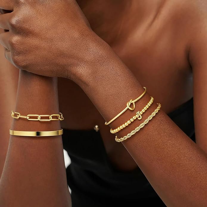 Turandoss Valentines Gifts for Her Girls, Dainty 5PCS 14K Gold Plated Initial A-Z Beaded Stretch Bracelet Chunky Gold Cuff Knot Twisted Rope Paperclip Bracelet Set Stack Jewelry Gifts for Women Girls