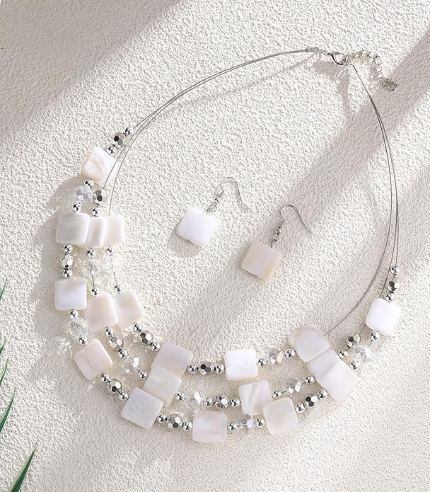 Layered Beaded Statement Necklaces for Women Square Shell Bead Collar Necklace and Earring Set Birthday Gifts Boho Jewelry Sets for Women