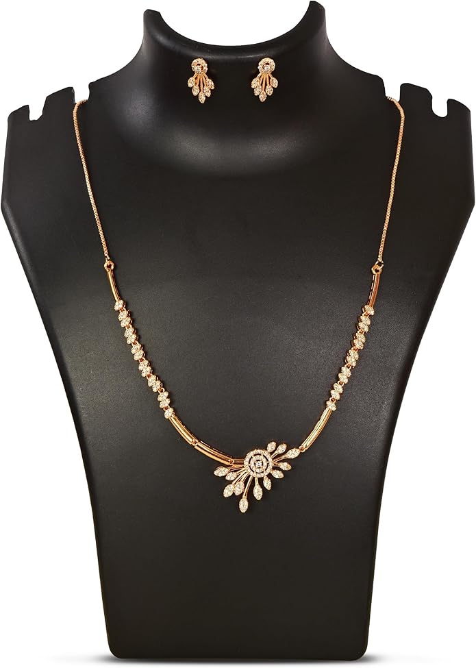 Nilu's Collection American Diamond Stone Studded | Rose Gold/Silver Plated | Anti Tarnish Jewellery Set for Women | Matching Earrings Perfect for Weddings and Special Occasions