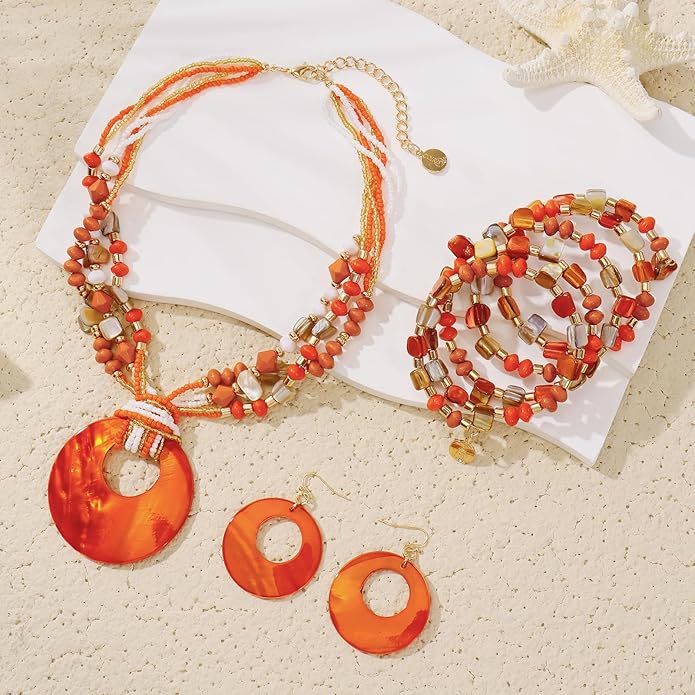 Jewelry Sets for Women 4 Pcs Chunky Beaded Mrs Roper Costume Jewelry for Women Boho Multi Strand Colorful Shell Necklace for Women