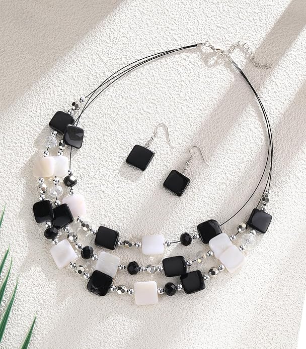 Layered Beaded Statement Necklaces for Women Square Shell Bead Collar Necklace and Earring Set Birthday Gifts Boho Jewelry Sets for Women