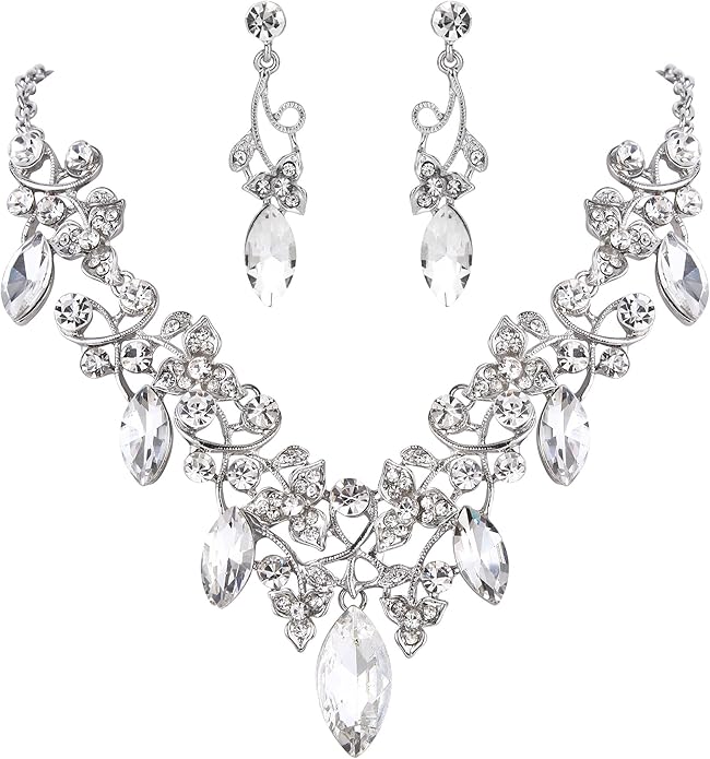 BriLove Women's Costume Fashion Crystal Floral Vine Leaf Statement Necklace Dangle Earrings Set
