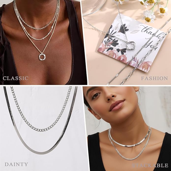 Valentines Gifts -56 Pcs Gold Jewelry Set for Women with 5Pcs Layered Necklace, 5Pcs Layered Necklace, 12 Bracelets, 4 Hoop Earrings, 8 Stackable Rings, 10 hairpins, 12 Studs Earrings Jewerly set for Women