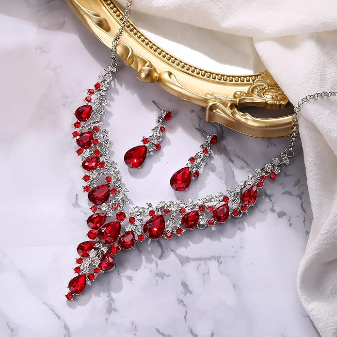 BriLove Women's Wedding Bridal Austrian Crystal Teardrop Flower Cluster Statement Necklace Dangle Earrings Jewelry Set for Party Prom