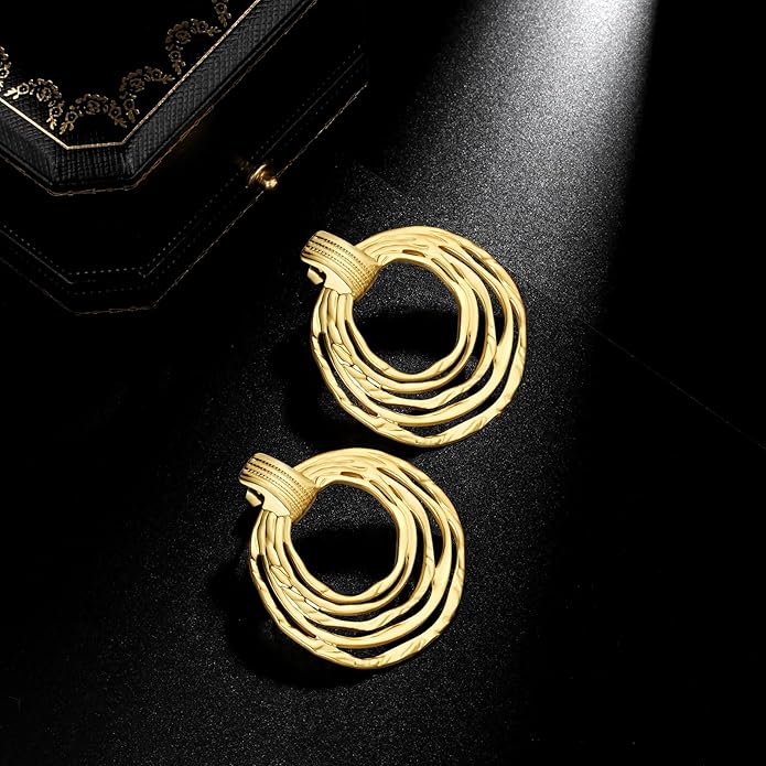 Vintage Gold Statement Stud Earrings, Stainless Steel Chunky Drop Dangle Thick Earrings, Geometric Design with Pearl Accents, Textured Sun Round Heart Pattern for Women