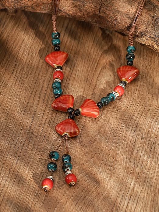 MINACHI Vintage Bohemian Ethnic Colorful Ceramic Bead Long Y Necklace, Hippie Boho Summer Fashion Jewelry Gift for Women