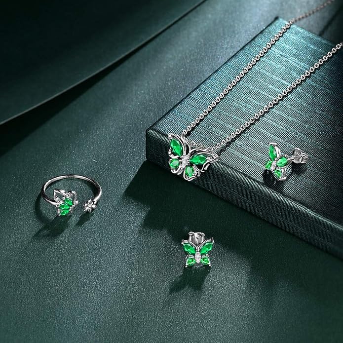 925 Sterling Silver Birthstone Butterfly Jewelry Women Crystal Animal Cute Butterflies Birthday Necklace/Earring/Ring/Bracelet Sets Birth Stone Statement Anniversary Jewellery