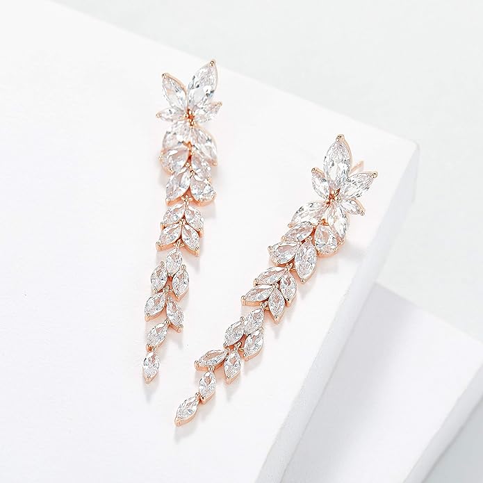 SWEETV Marquise Cubic Zirconia Wedding Earrings for Women Brides, Crystal Chandelier Bridal Drop Earrings for Prom Pageant