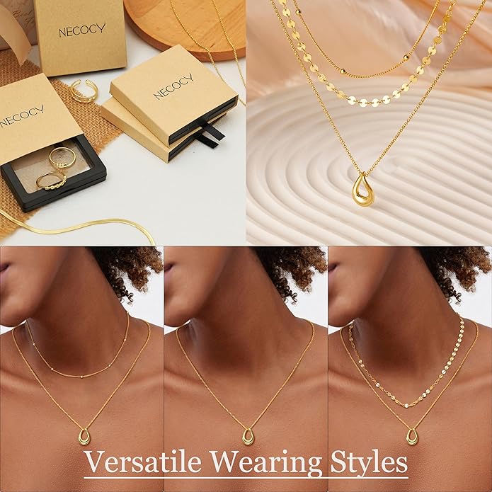 NECOCY Valentine's Day Gift 14k Gold/Silver Plated Layered Gold Necklaces for Women, 3Pcs Dainty Herringbone Choker Set, Trendy Stack Simple Chain Layering Pendant Jewelry
