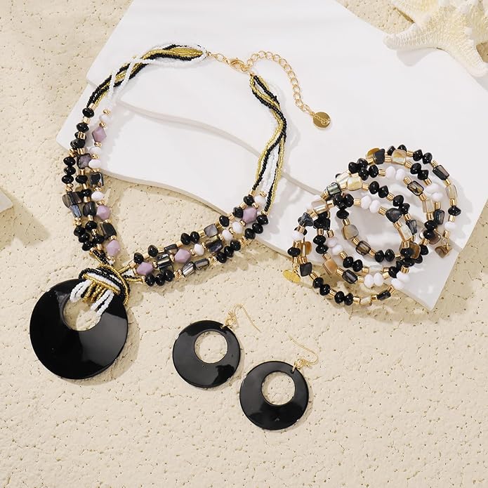 Jewelry Sets for Women 4 Pcs Chunky Beaded Mrs Roper Costume Jewelry for Women Boho Multi Strand Colorful Shell Necklace for Women