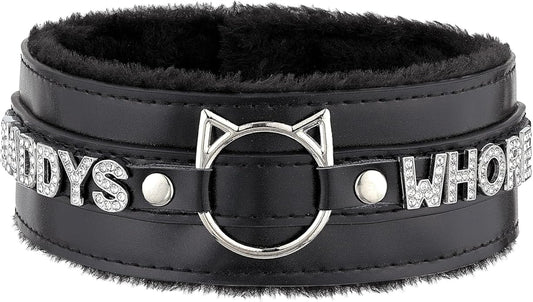 Handmade Collar Choker Necklace for Women – Cat Ear O-Ring Punk Goth Letter Choker,Black/Pink Furry Alt Fashion Jewelry