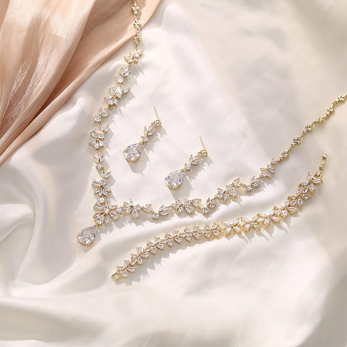 Crysdue Wedding Jewelry Set for Women, Floral Leaf Vine Teardrop Necklace Dangle Earrings Bracelet and Hair Comb, Cubic Zirconia Elegant Party Prom Jewellery for Bridal Bridesmaid