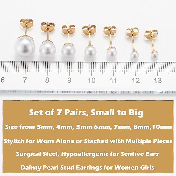 14K Gold Filled Polished Small CZ Pearl Ball Stud Earrings Set for Women Men 20G Surgical Steel Hypoallergenic Piercing Studs for Sensitive Ear, Pack of 6 Pairs