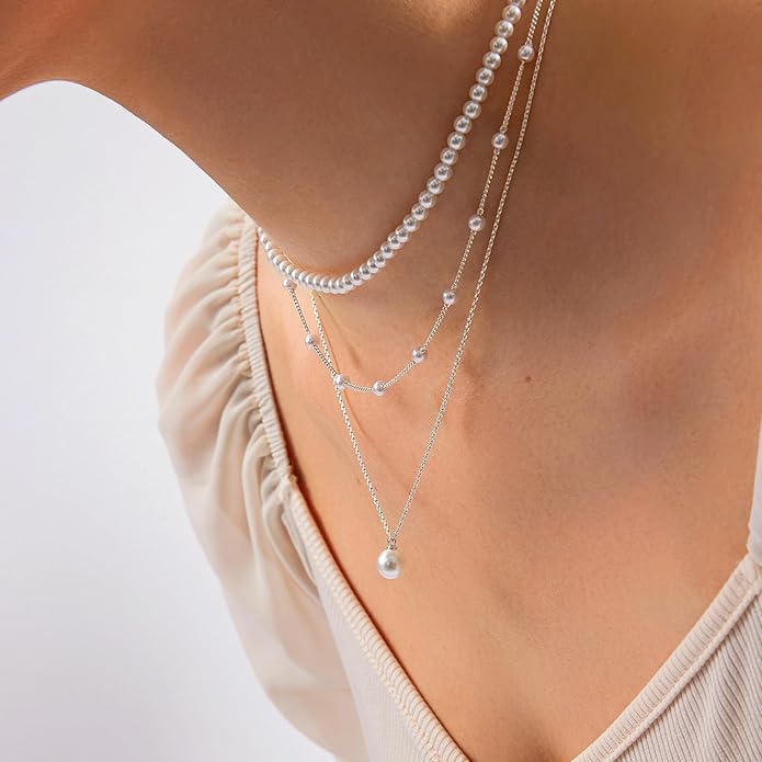 Zeffy Gold Pearl Necklace for Women, Dainty 14K Gold/Silve Plated Layered Pearl Choker Pearl Earrings Pearl Bracelets Wedding Trendy Gold Jewelry Set for Women Gifts