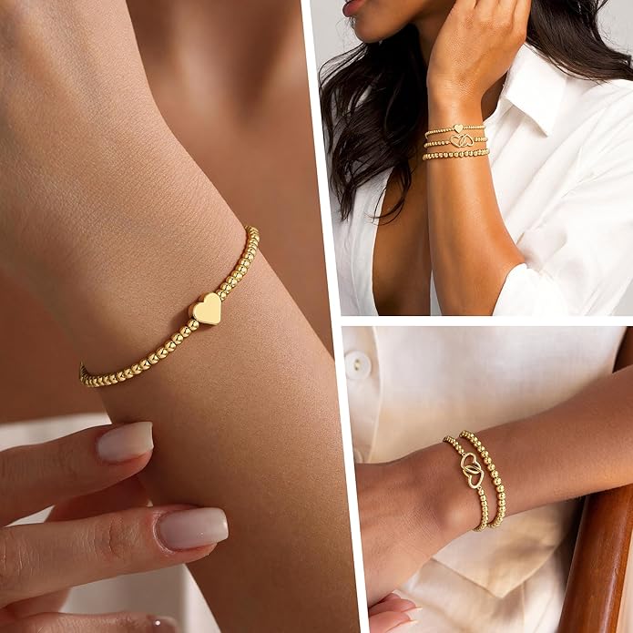 Turandoss Gold Bracelets for Women - Dainty 14K Gold Plated Bow Cross Beaded Bracelets for Women Stackable Heart Bead Bracelet Set Wave CZ Round Ball Bracelet Valentine's Day Gifts for Her