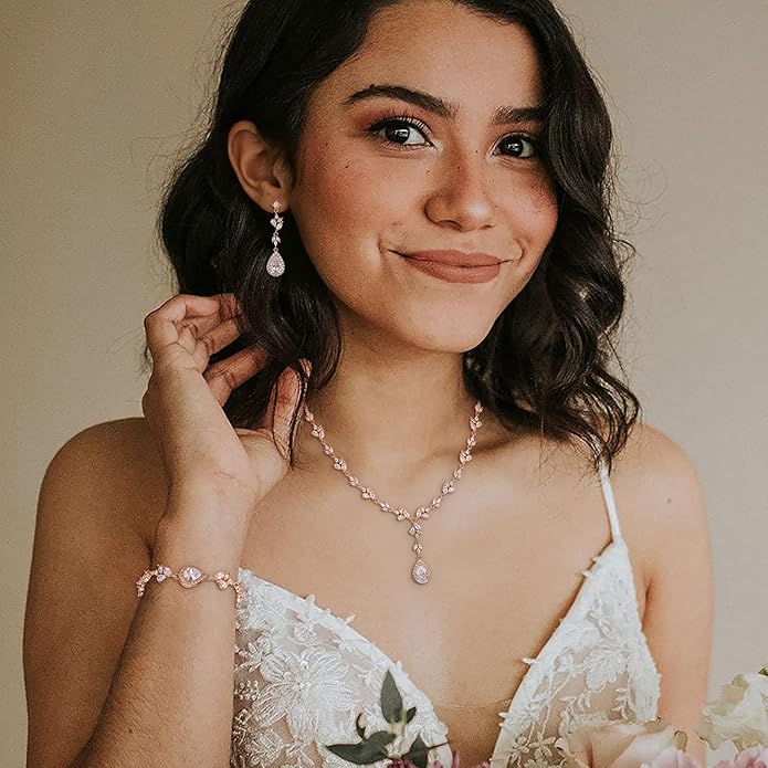 Crysdue Teardrop Bridal Jewelry Set for Wedding Party, Silver/14K/Rose Gold Plated Prom Costume Jewellery for Bride Bridesmaids Women, Cubic Zirconia Necklace Dangle Earrings Bracelet