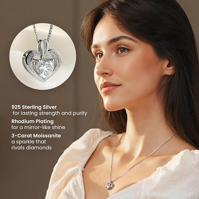 Moissanite Heart Necklace - 925 Sterling Silver Necklaces for Women | Birthday Gifts for Women, Christmas Gifts for Her, Jewelry Gift for Wedding, Anniversary, Valentine's Day Gift for Wife
