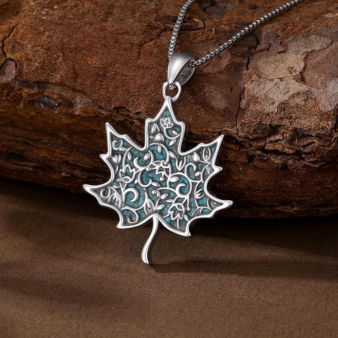 RMREWY Genuine Turquoise Maple Leaf Pendant Necklace,925 Sterling Silver Native American Boho Western Pendant Real Gemstone Jewelry Birthdays Gift for Women Nature Lover