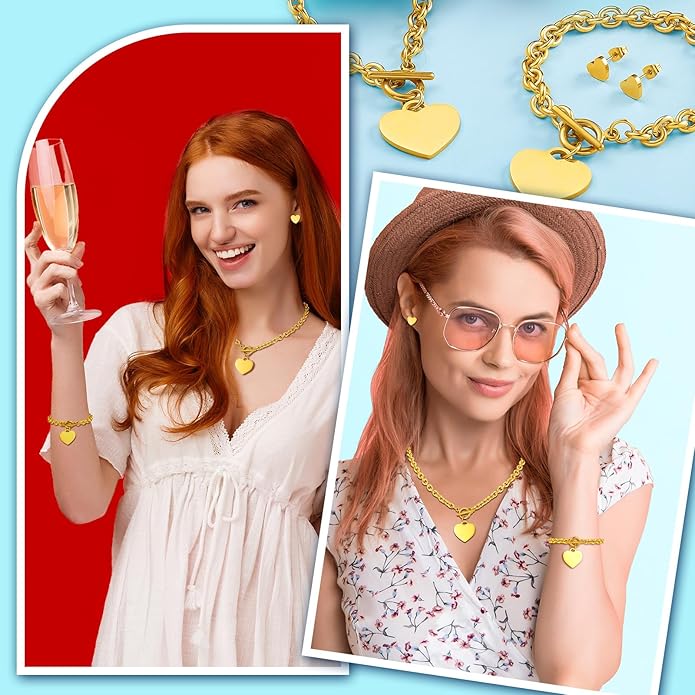Bucherry 3 Pcs Heart Jewelry Set Bow Snowflake Jewelry Heart Pendant Chain Toggle Necklace with Bracelet Earrings Snowflake Stainless Steel Link Chain for Women Gift