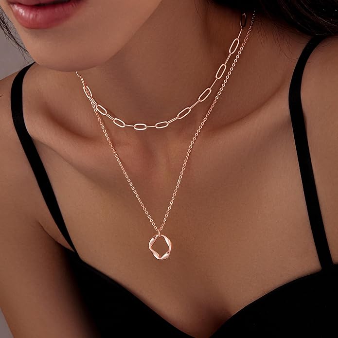 Layered Gold Necklaces for Women, Stackable Dainty 14K Gold Silver Plated Trendy Simple Heart Diamond Cross Bow Circle Pendant Paperclip Choker Dot Chain Necklace,Jewelry Set Gifts for Women