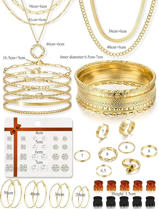 Valentines Gifts -56 Pcs Gold Jewelry Set for Women with 5Pcs Layered Necklace, 5Pcs Layered Necklace, 12 Bracelets, 4 Hoop Earrings, 8 Stackable Rings, 10 hairpins, 12 Studs Earrings Jewerly set for Women
