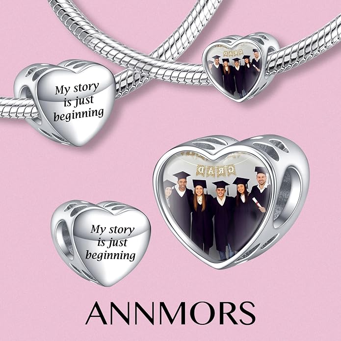 Annmors Personalized Photo Charms For Bracelets/Necklace 925 Sterling Silver Love Heart Shaped Engraved Customize Picture Gift for Birthday Mother's Day,Bead Charms Jewelry for Women