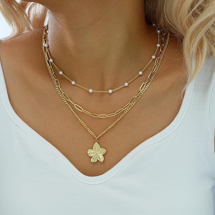 YEEZII Layered Gold Necklaces for Women Trendy, 3 Pcs 14K Gold Plated Choker Paperclip Box Chain Necklace, Stackable Women's Gold Pendant Necklaces Jewelry Set