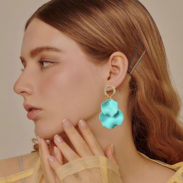 Anmpab Statement Matte Rose Flower Petal Stud Earrings for Women Dangly Floral Petal Earrings Jewelry Accessories Romantic Gifts for Her Women