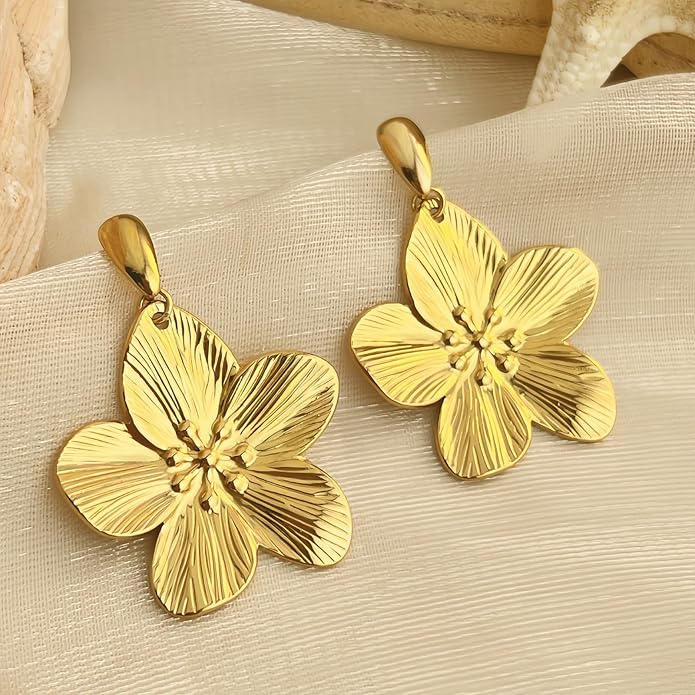 Gold Flower Statement Earrings for Women, Large Chunky Bohomian Summer Beach Floral Earring, Irregular Bold Exaggerated Earrings