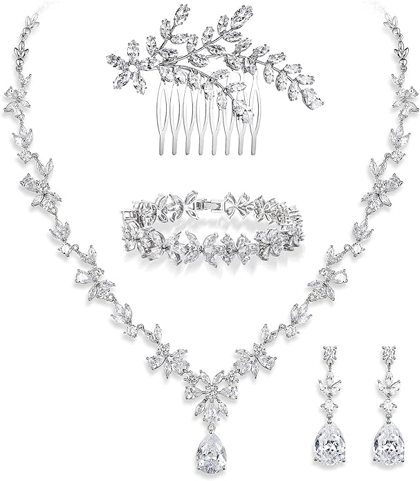 Crysdue Wedding Jewelry Set for Women, Floral Leaf Vine Teardrop Necklace Dangle Earrings Bracelet and Hair Comb, Cubic Zirconia Elegant Party Prom Jewellery for Bridal Bridesmaid