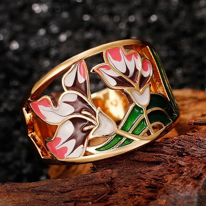 Women Tree of Life Lucky Flower Wide Band Ring Gold Pink Opal Green Enamel Resin Plated Dainty Tree Rhinestone Statement Thumb Index Full Finger Chunky Ring Party Crystal Vintage Jewelry
