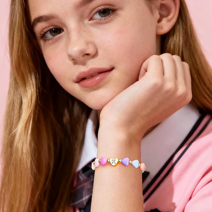 Valentines Day Gifts for Kids Women Girls, Initial Heart Bracelets for Teen Girls Young Women Bulk, Cute Preppy Letter A-Z Charm Bracelet, Personalized Happy 3-18 Year Old Birthday Gifts for Daughter, Lover, Sisters, Toddler