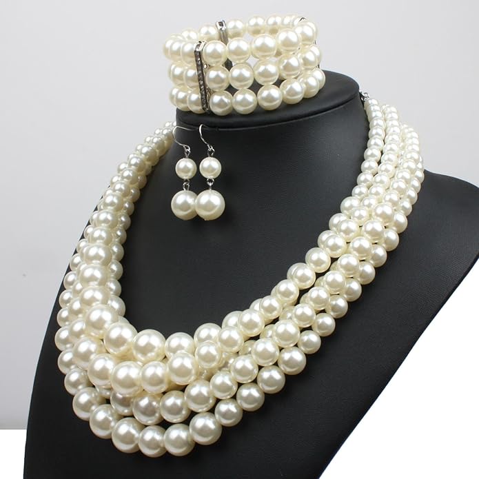 Exaggerated Imitation pearl multi-layer Necklace+bracelet+earring Large pearl necklace Wedding jewelry set for Women's and girls gifts（Multicolor optional）