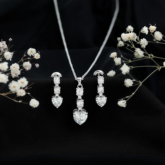 Certified Cubic Zirconia Necklace and Earrings Set in Silver, AAAAA Quality, CZ Diamond Bridal Jewelry Set - Valentines Day Gift