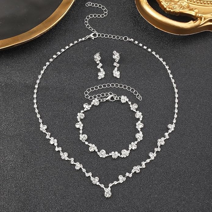 Bling Silver Jewelry Set for Women Trendy Wedding Jewelry Sets for Brides Sparkly Cubic Zirconia Necklace Earring Sets for Women Prom Accessories