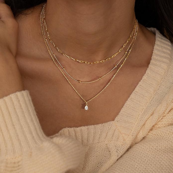 Layered Necklaces for Women,Dainty 14k Gold Plated CZ Layered Choker Necklace for Women Trendy Non Tarnish Hypoallergenic Beaded Paperclip Chain Necklace Stack Women's Minimalist Gold Jewelry Gifts
