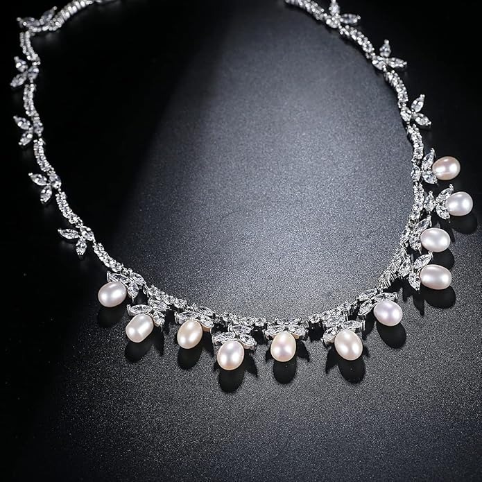 Women's Bridal Jewelry Set, 14K Gold Freshwater Pearl & Crystal, Choker Necklace & Drop Earrings, Elegant Wedding Fashion Ensemble