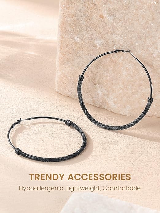 KeyStyle Mesh Hoop Earrings for Women, Stainless Steel Gold Hoops Earring Lightweight Loops, 2MM Thick Hypoallergenic Circle Endless Hollow Hoop 20mm-80mm