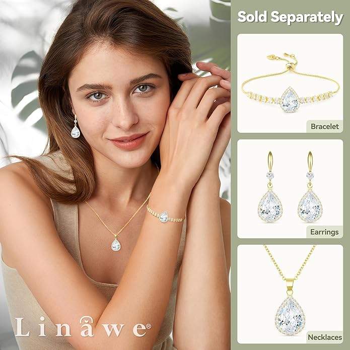Linawe Crystal Imitation Diamond Rhinestone Charm Bracelets for Women, Gold/Silver/Rose Gold Adjustable Chain Bracelet, Teardrop Birthstone Cubic Zirconia Prom Costume Wedding Jewelry