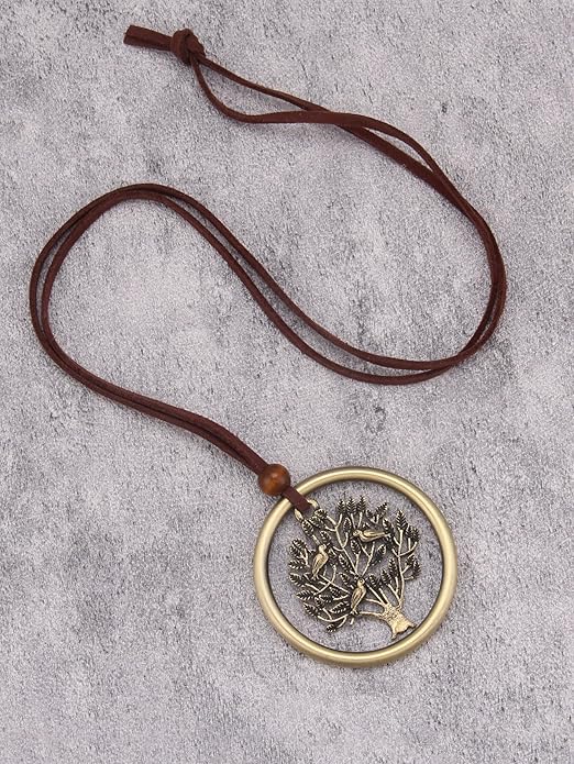 Boho Leather Necklace Women Bohemian Brown Circle Pendant Necklace Choker Long Necklaces for Women Boho Ring Large Pendant