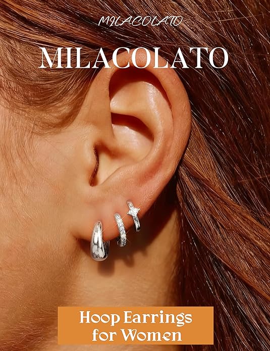 MILACOLATO 3 Pairs Small 14K Gold Plated Hoop Earrings for Women Trendy Hypoallergenic Silver Earring Stacks Huggie Hoops Earring Sets for Multiple Piercing Chunky Double Hoop Jewelry Lightweight