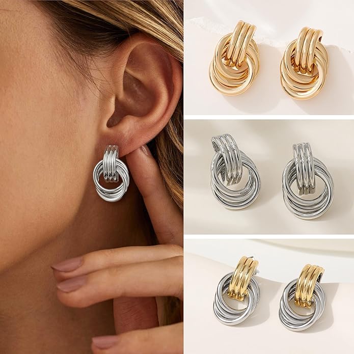 Stocking Stuffers for Women Chunky Gold Knot Dangle Drop Earrings Trendy Statement Earrings Hypoallergenic Lightweight Gold Jewelry Women Christmas Gifts