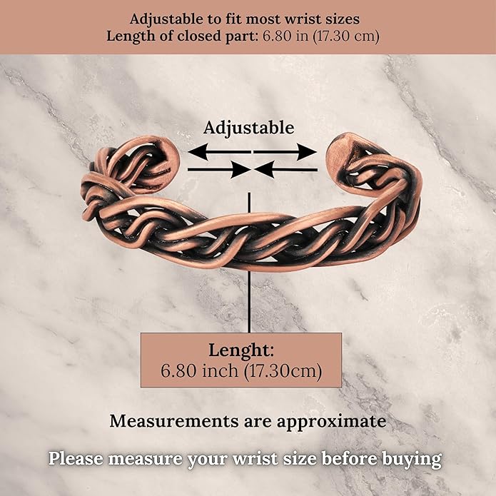 Handmade Elegant Copper Bracelet for Women and Men-Pure Copper Bracelet for Pain Relief and Stress Relief-Adjustable, Thickest, Twisted Copper Wire Bracelet to Fit many Size Wrist(folded)