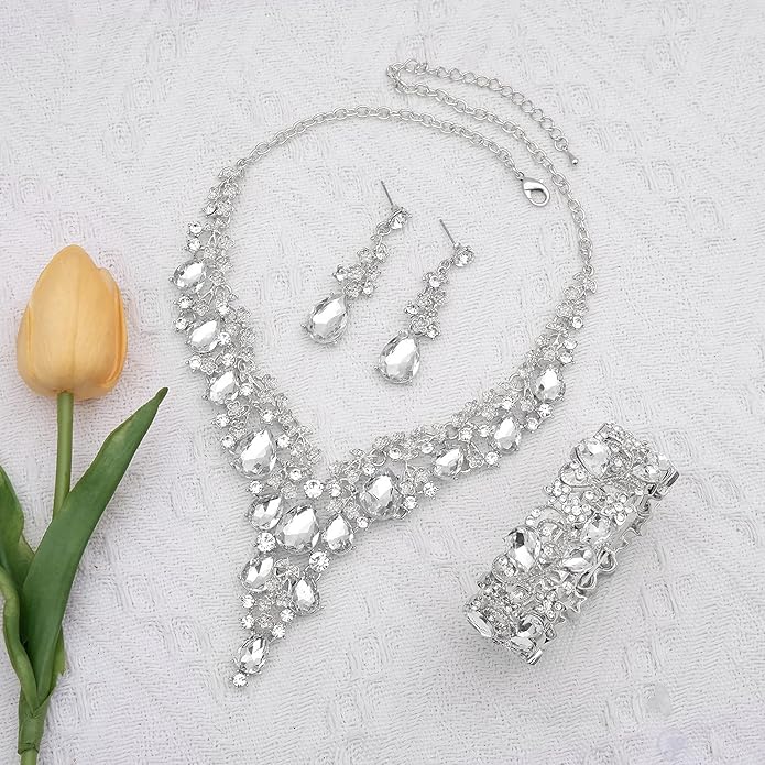 CSY Elegant Crystal Costume Jewelry Sets Flower Bridal Necklace Earrings Stretch Bangle Set for Bride Bridesmaid Wedding Dress Accessories