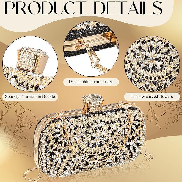 Quelay 4 Pcs Purse Rhinestone Jewelry Set Evening Clutch Bag Bling Crystal Necklace Dangle Earrings Bracelets Accessories